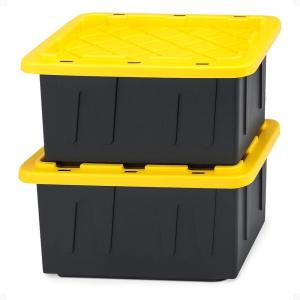 imageHOMZ 2Pack Durabilt Heavy Duty Plastic Storage Bins with Lids 15 Gallon GreenRed  Stackable Container Boxes for Holiday Attic and Garage OrganizationBlack BaseYellow Lid
