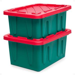 imageHOMZ 2Pack Durabilt Heavy Duty Plastic Storage Bins with Lids 15 Gallon GreenRed  Stackable Container Boxes for Holiday Attic and Garage OrganizationGreen BaseRed Lid