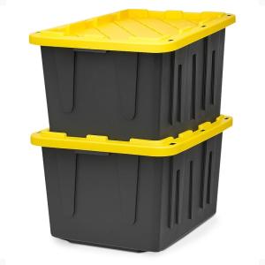imageHOMZ 2Pack Durabilt Heavy Duty Plastic Storage Bins with Lids 27 Gallon BlackYellow  Stackable Container Boxes for Home Attic and Garage Organization