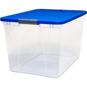 imageHOMZ 2Pack Secure Latch Clear Plastic Storage Organizer Bins 64 Quart Gray Lid  HeavyDuty Container Boxes with Lids for Home Office and GarageBlue Lid