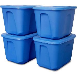 imageHOMZ 4Pack Durable Molded Bin Plastic Storage Containers wLids 10 Gallon Blue  Stackable Organizer Totes and Boxes for Bedroom Kitchen and Garage OrganizationBlue