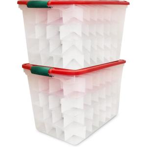 imageHOMZ 2Pack Holiday Tote Clear Plastic Storage Bins wLids ampamp Dividers 112 Quart Red  Stackable Organizing Containers for Christmas Ornament Decorations Gift Wraps and Crafts112 Quart