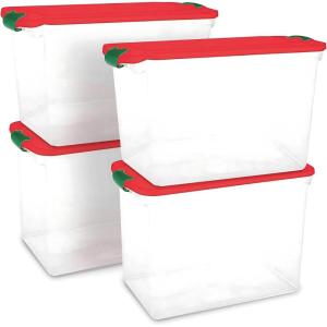imageHOMZ 2Pack Holiday Tote Clear Plastic Storage Bins wLids ampamp Dividers 112 Quart Red  Stackable Organizing Containers for Christmas Ornament Decorations Gift Wraps and Crafts4 Pack