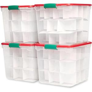 imageHOMZ 2Pack Holiday Tote Clear Plastic Storage Bins wLids ampamp Dividers 112 Quart Red  Stackable Organizing Containers for Christmas Ornament Decorations Gift Wraps and Crafts31 Quart Pack of 4