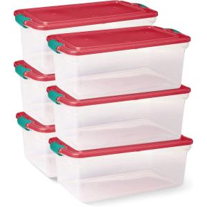 imageHOMZ 6Pack Holiday Tote Plastic Storage Organizer Bins with Lids 64 Quart ClearRed  Stackable Organizing Containers for Home Garage and Office64 Quart  1625 x 7 x 625