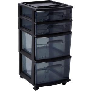 imageHOMZ Drawer Tower 4Tier Clear Plastic Storage Organizer Cart Black Frame  Rolling Drawer Containers with Wheels for Bathroom Bedroom Office and Classroom OrganizationAll Black