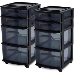 imageHOMZ Drawer Tower 4Tier Clear Plastic Storage Organizer Cart Black Frame  Rolling Drawer Containers with Wheels for Bathroom Bedroom Office and Classroom OrganizationBlack
